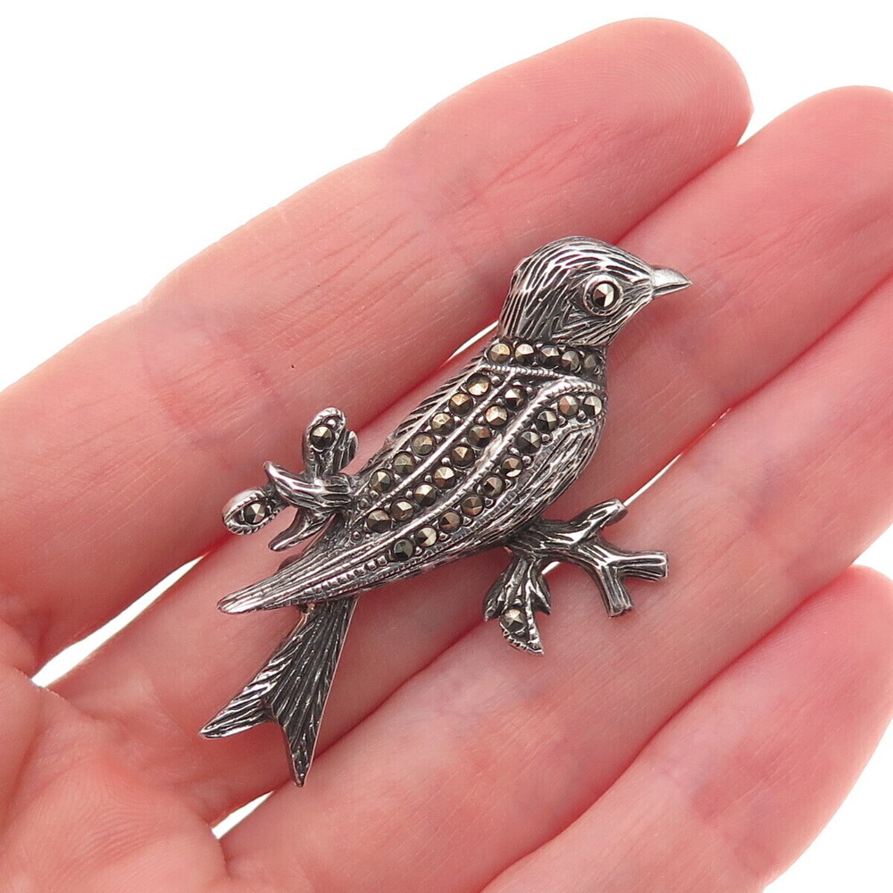 925 Sterling Silver Vintage Real Marcasite Oxidized Pin Brooch